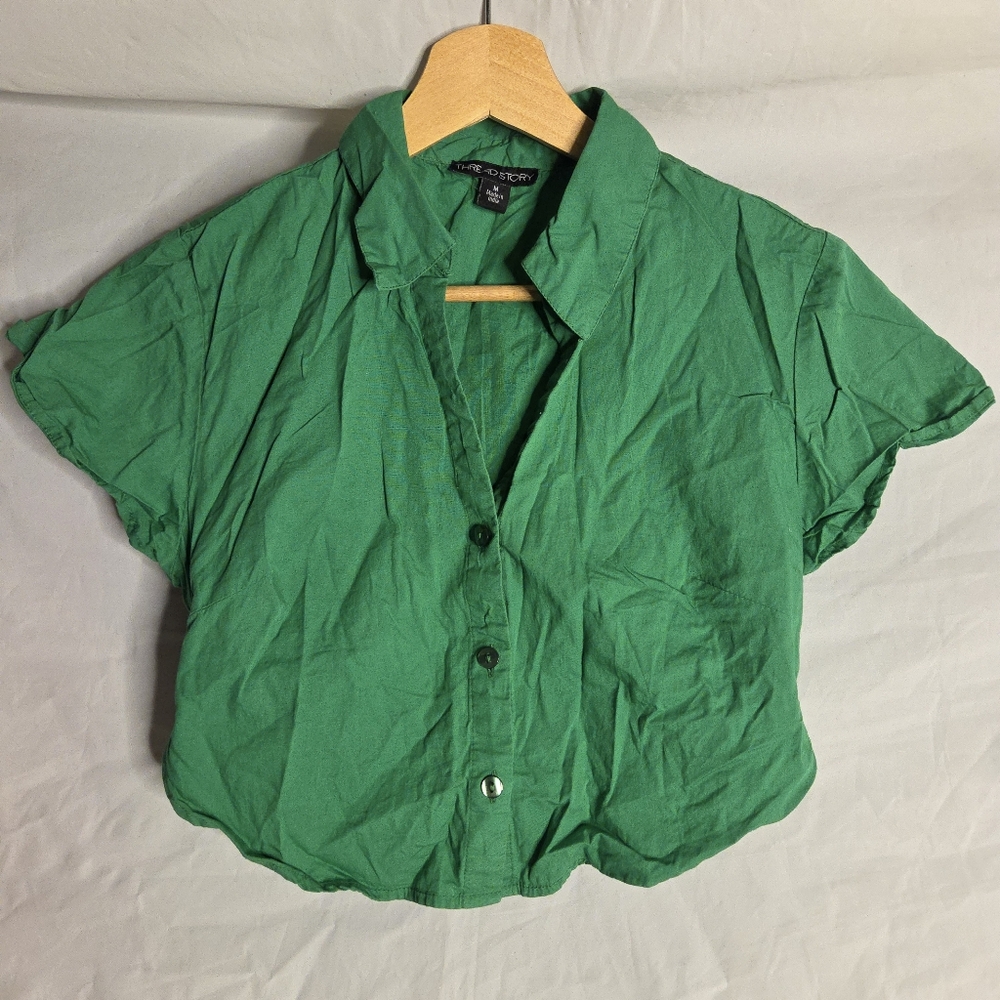 Green Thread Story Short Sleeve Cropped Button-Up Shirt